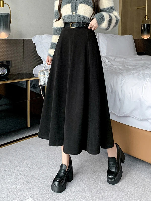 Elegant High Waist A-Line Midi Skirt Women's Fashion Slimming Skirts Autumn Winter New Style Loose Flared Mid-Length Skirts