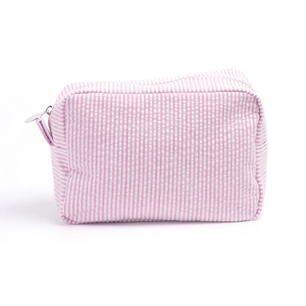 Seersucker Ruffle Cosmetic Bag – Pink/Purple Stripes