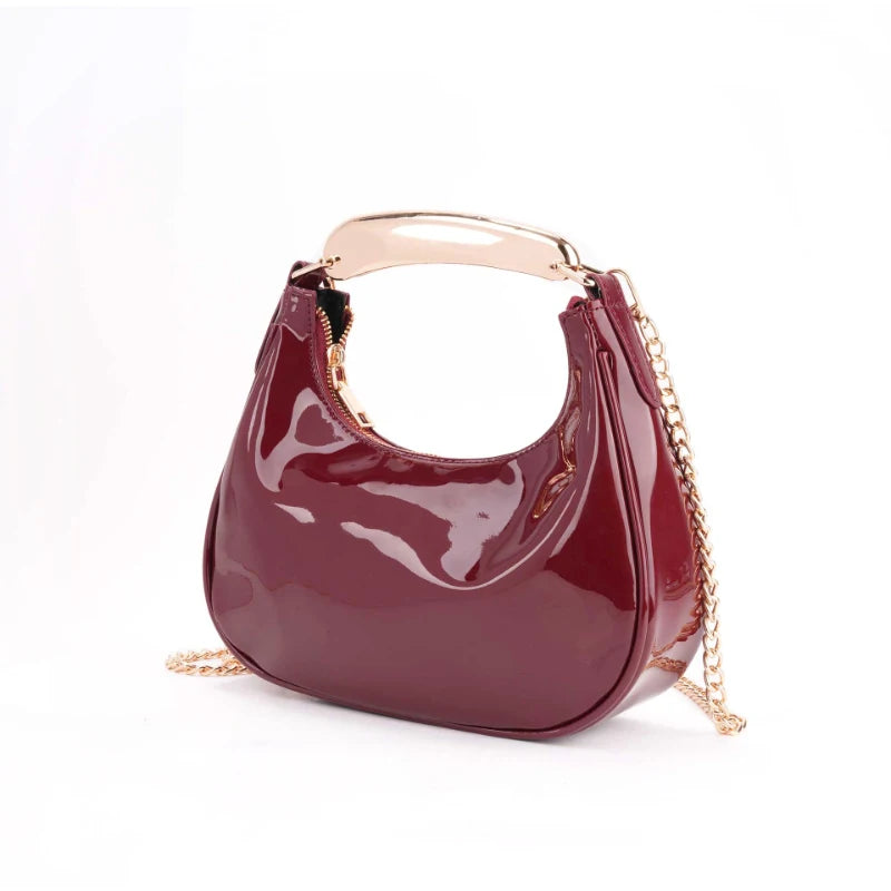 Trendy Burgundy Leather Shoulder Bag Stylish Gold Chain Hobo Bag With Metal Handle Minimalist Half-moon Crossbodybag Evening Bag