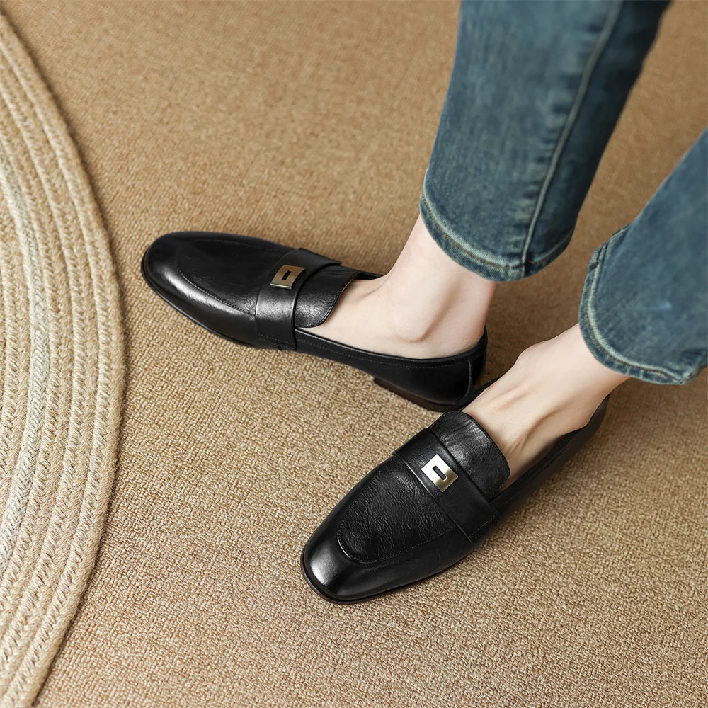 Danxuefei Women’s Leather Slip-On Loafers – Round Toe