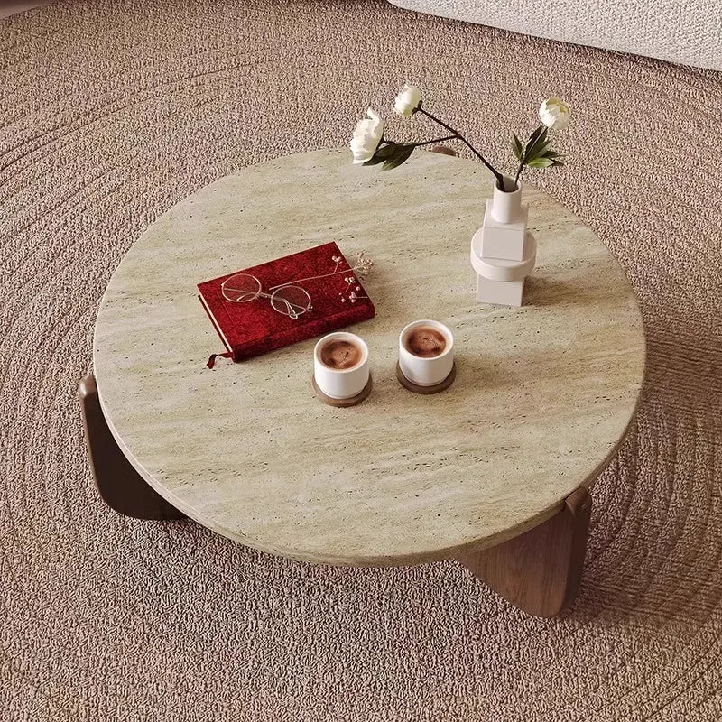 Wabi Sandy Wind Solid Wood Travertine Coffee Table Minimalist Small Tea Table Small Apartment Living Room Household Round Balcon