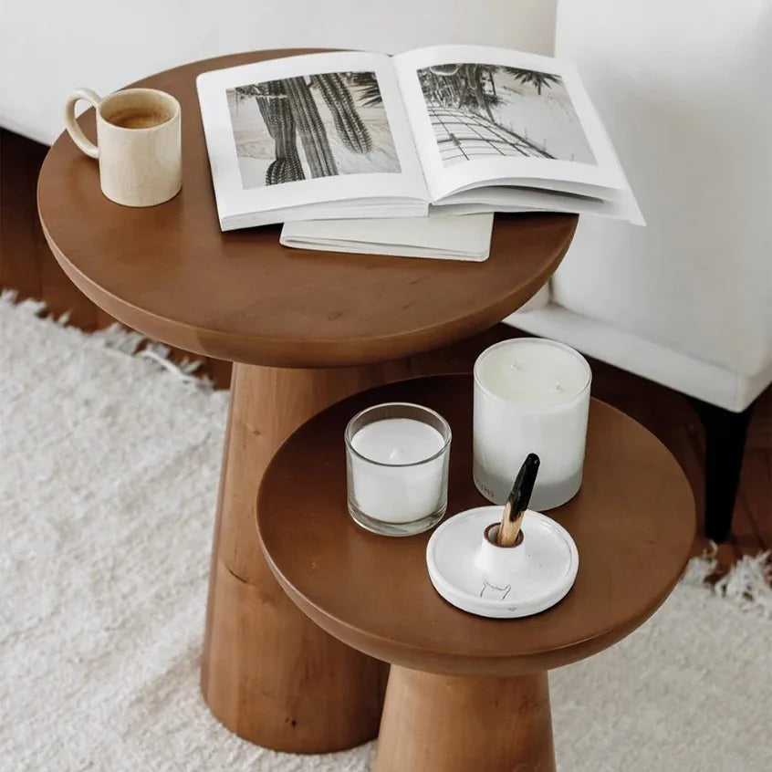 Retro Solid Wood Side Table Modern Round End Tables for Living Room Natural Sofa Accent Table Handcrafted Coffee Table Stool