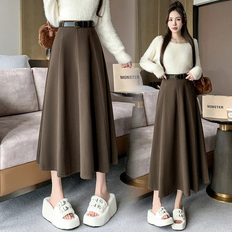 Elegant High Waist A-Line Midi Skirt Women's Fashion Slimming Skirts Autumn Winter New Style Loose Flared Mid-Length Skirts