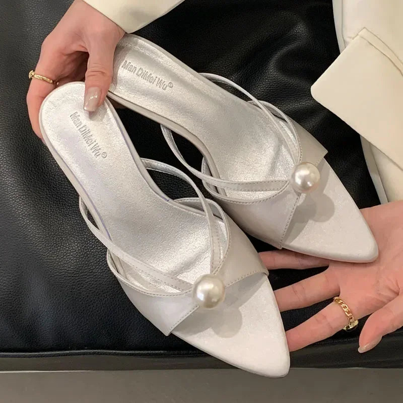 New 2025 Summer Open Toe Women Slippers Sexy Pointed Toe Slides Sandals Elegant Pearls Decoration Thin High Heels for Women