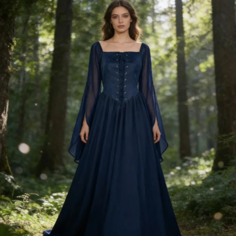 Medieval Renaissance Dress for Women Pirate Fairy Gown with Flared Sleeves