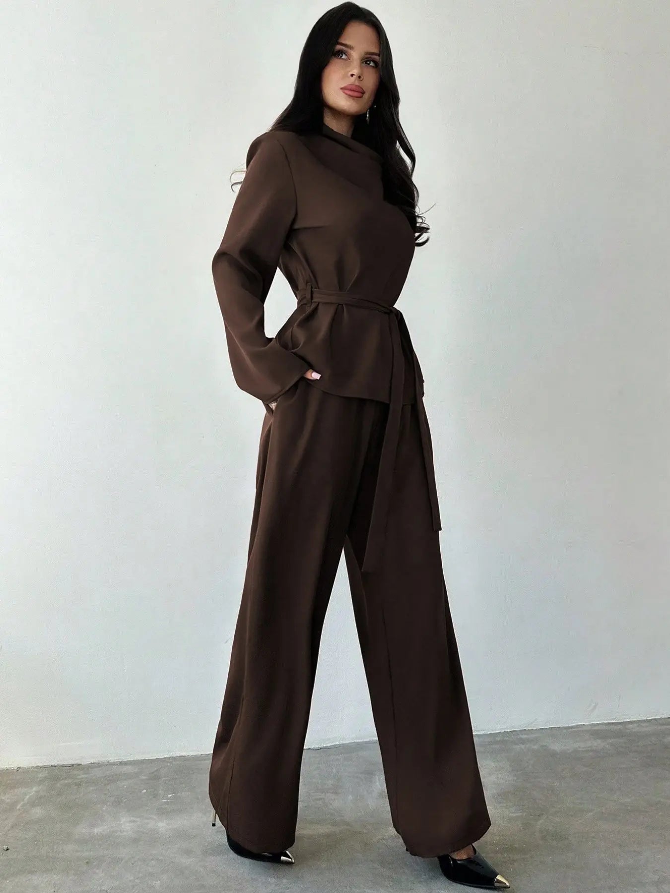 Simple Style Two Piece Outfit 2 Pieces Set For Woman New In Matching Sets Loose Wide Leg Trouser Solid Color All-match Commuting