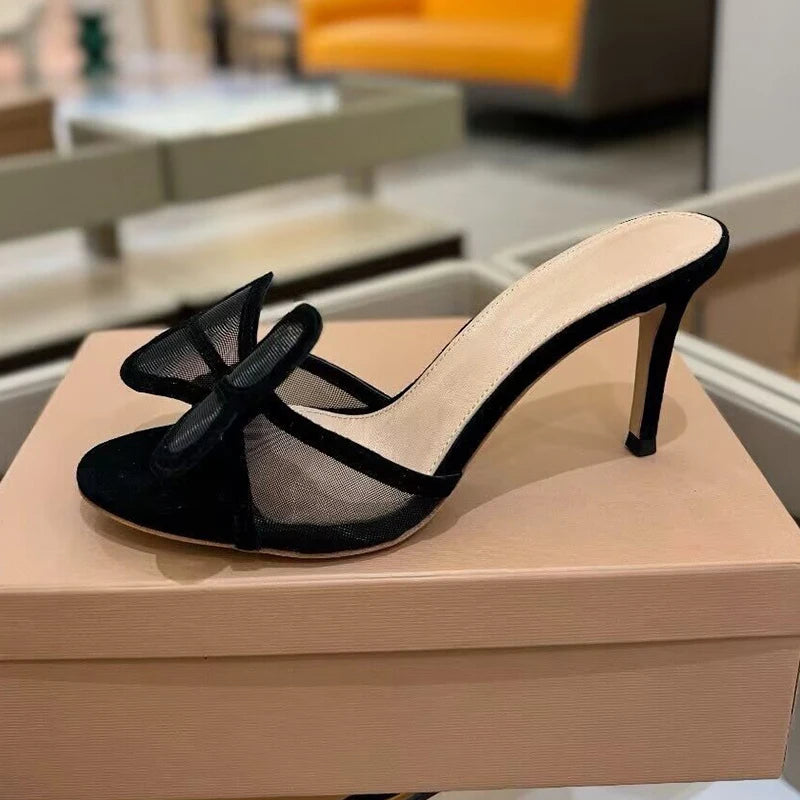 2025 New High Heels Slippers Women Mesh Big Butterfly-knot Thin Heels Lazy Sandals Summer Slides Fashion Party Dress Shoes