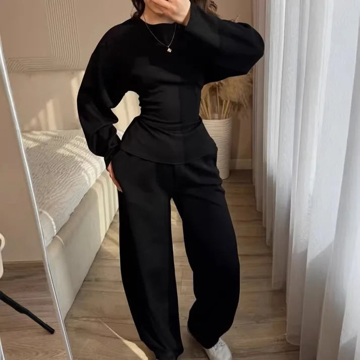 Yaminiya Women Casual Two Piece Set Long Sleeve Back Tie Waist Ruffle Hem Top & Wide Leg Pants Solid Color Loungewear Tracksuit