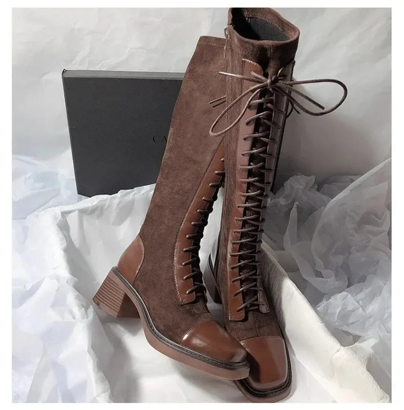 Women's Knee-high Boots High Quality Suede Leather Boot Lace Up Slim Long Tube Boots Knee-high Chelsea Boot Women Fashion Boots