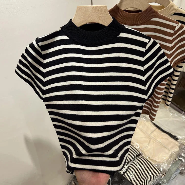 Half Turtleneck Pullover Striped Sweater Sweater Slim Fit Top Shirt Women's Early Spring and Autumn Short Sleeve Bottoming Shirt