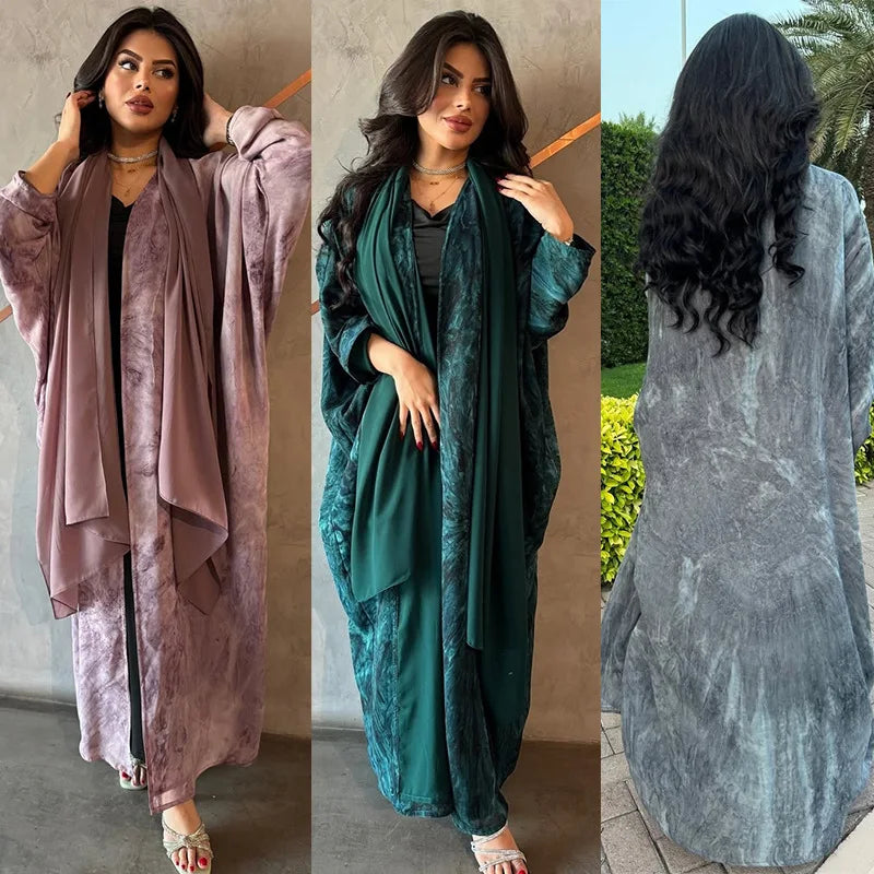 Women Muslim Abaya with Scarf Set DressRamadan Eid Print Cardigan Arab Long Robe Morocco Dubai Kaftan Islam Vestidos Jalabiya