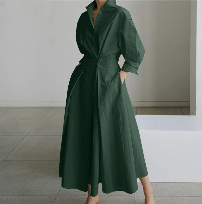 2026 Women's Oversized Elegant Cotton Linen Sundress Lapel Neck High Waist Long Sleeve Long Shirt Dress OL Vestidos Robe Femme