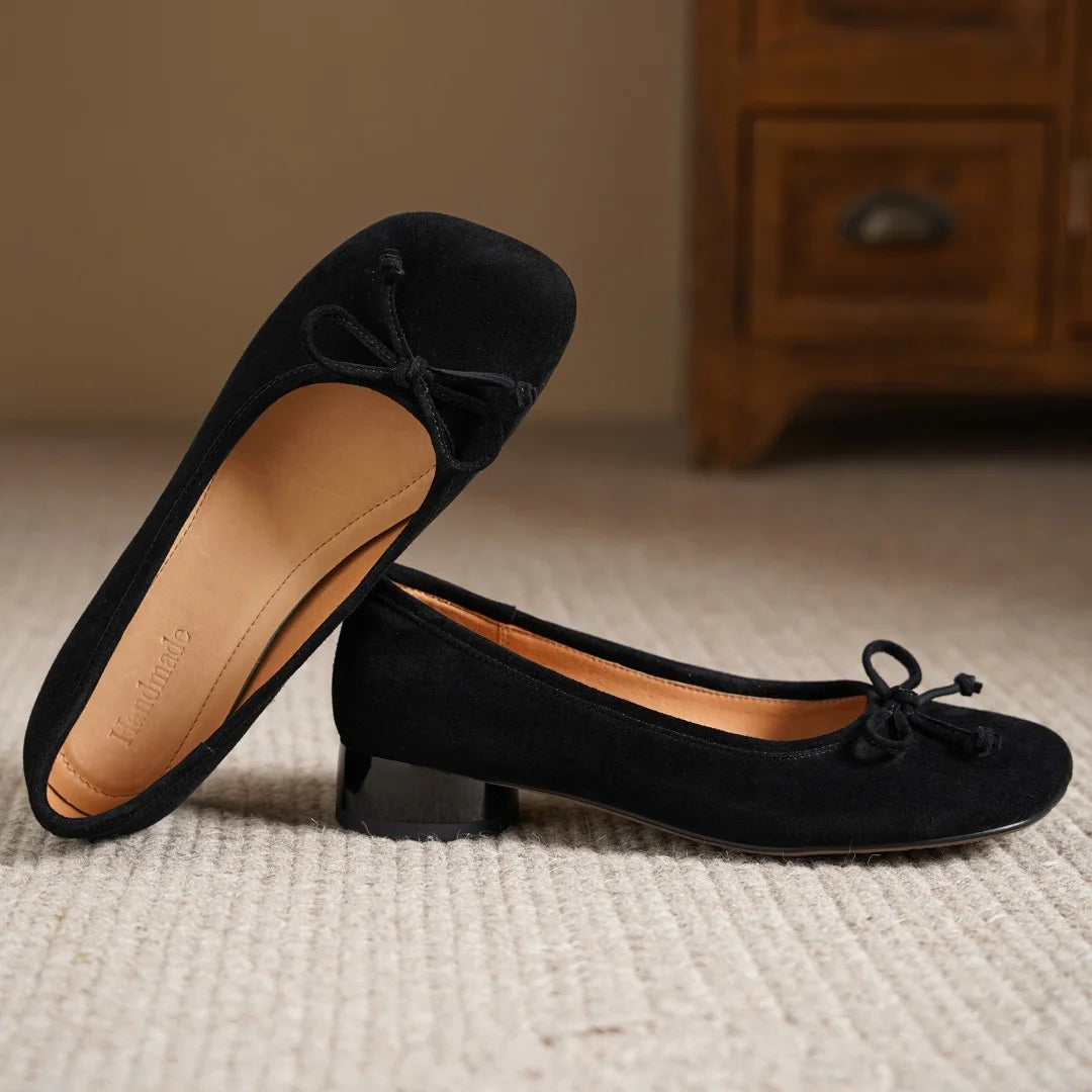 Women's natural suede leather square toe slip-on flats 3cm round low heel sweet bowtie casual female four season shoes for woman