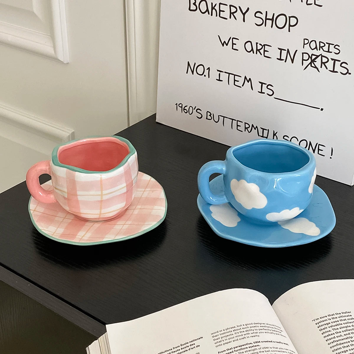 Nordic Hand-Painted Ceramic Coffee Mug & Saucer