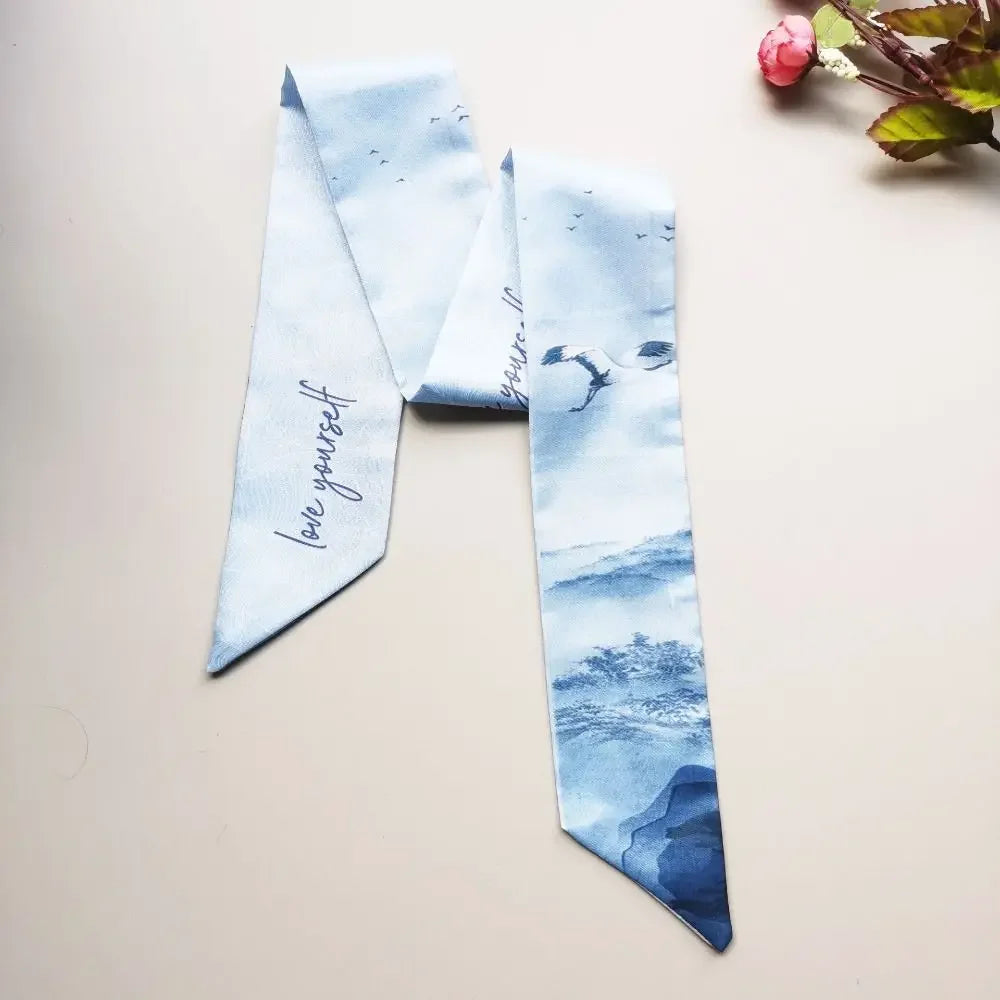 1pc French Scarf Butterfly Tie Hair Retro Oil Print Hair Ribbon Scarf Women Neck Tie Bag Headscarves Floral Bands Headband