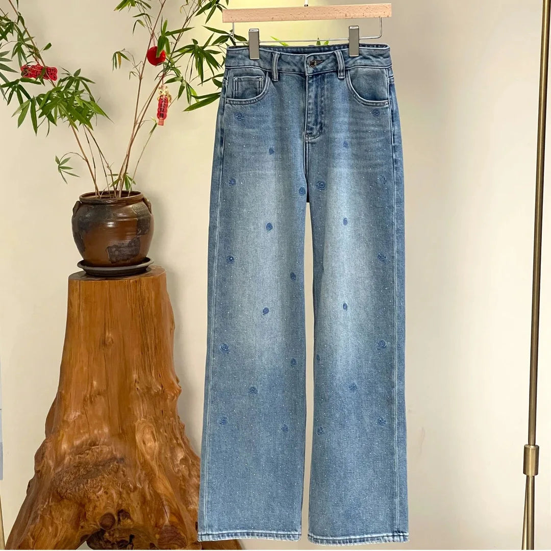 Spring 2025 High Waist Loose Fit Glitter Embroidered Floral Denim Pants Women's Wide Leg Jeans Stylish Casual High Waist