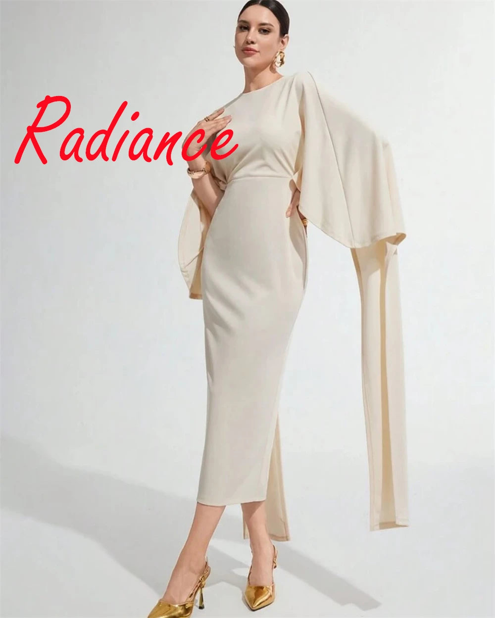 Customized Classic Ivory Satin Evening Dress Temperament Crew Neck Shawl Long Sleeves Zipper Back Bespoke Occasion G