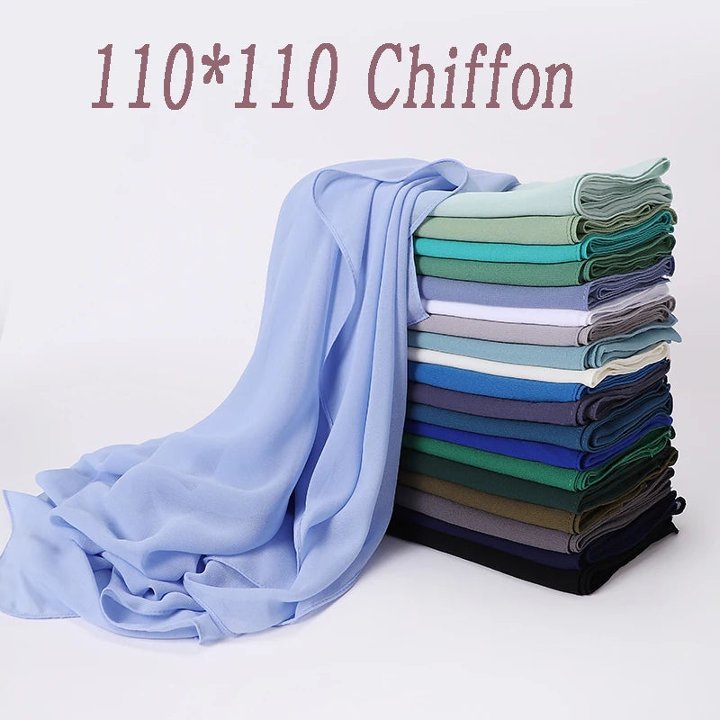 110X110CM Malaysia Square Chiffon Hijab Solid Muslim Head Scarf Ladies Plain Shawl and Wrap Headband Foulard Tudung Bawal