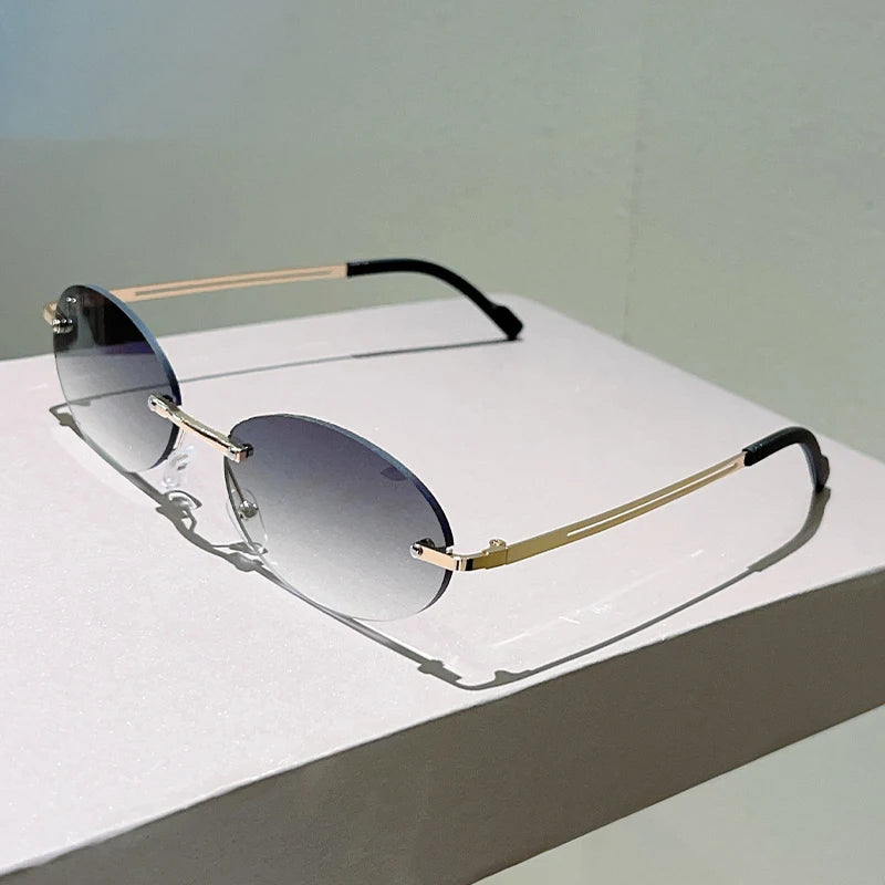 Rimless Oval Sunglasses Women Fashion Gradient Decor Shades Eyewear New Trendy Vintage Brand Design Casual Eyeglasses