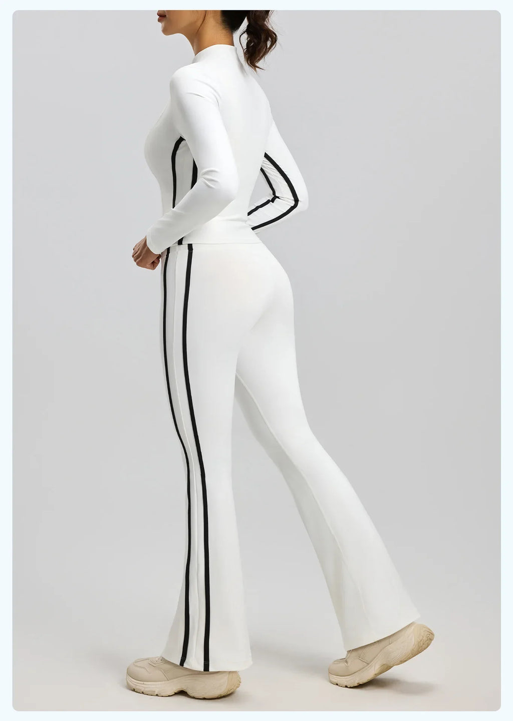 Striped 2pcs Yoga Gym Set Women Long Sleeve Zipper Sport Jacket Hip Lifting Leggings Fitness Running Tops Flare Pants Tracksuit