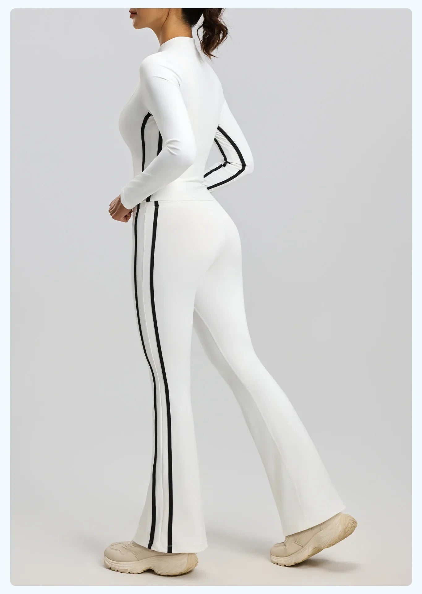 Striped 2pcs Yoga Gym Set Women Long Sleeve Zipper Sport Jacket Hip Lifting Leggings Fitness Running Tops Flare Pants Tracksuit