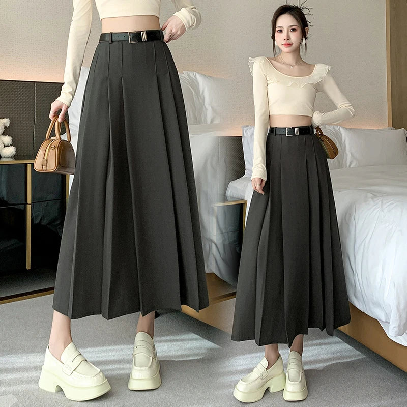 [EWQ] Elegant Solid Color Mid-Length All Match Skirt For Women 2026 Spring Summer Loose High Waist A-Line Pleated Skirts 16O9169