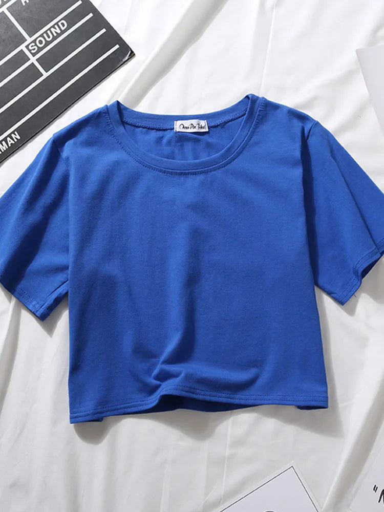 2023 Summer Short Sleeve T Shirts Women Cotton Solid T-shirt O Neck High Waist Crop Top Tee Female Casual Loose T Shirt