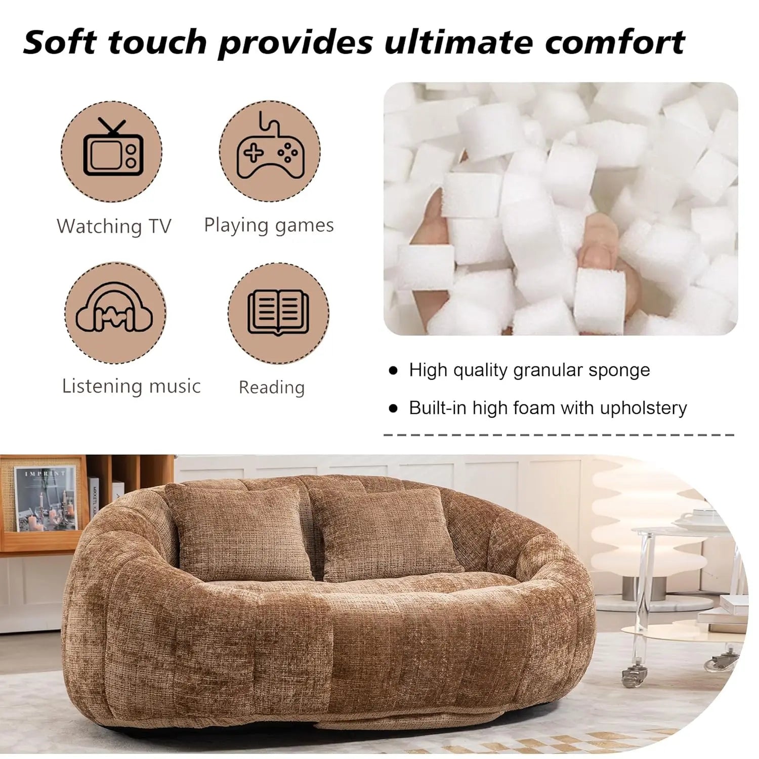Bean Bag Sofa, Comfy Loveseat Sofa with 2 Pillows, Soft Giant Bean Bag Chair, Cozy Round Lazy Sofa with Wide, Customized