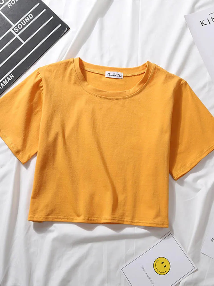 2023 Summer Short Sleeve T Shirts Women Cotton Solid T-shirt O Neck High Waist Crop Top Tee Female Casual Loose T Shirt