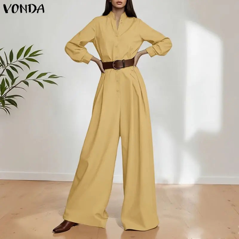 ZANZEA Women Fashion Long Jumpsuits 2026 Summer Long Sleeve Solid Rompers Casual Stand Collar Loose Overalls Streetwear Work