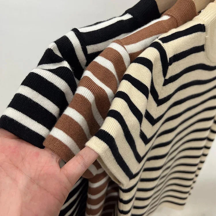 Half Turtleneck Pullover Striped Sweater Sweater Slim Fit Top Shirt Women's Early Spring and Autumn Short Sleeve Bottoming Shirt