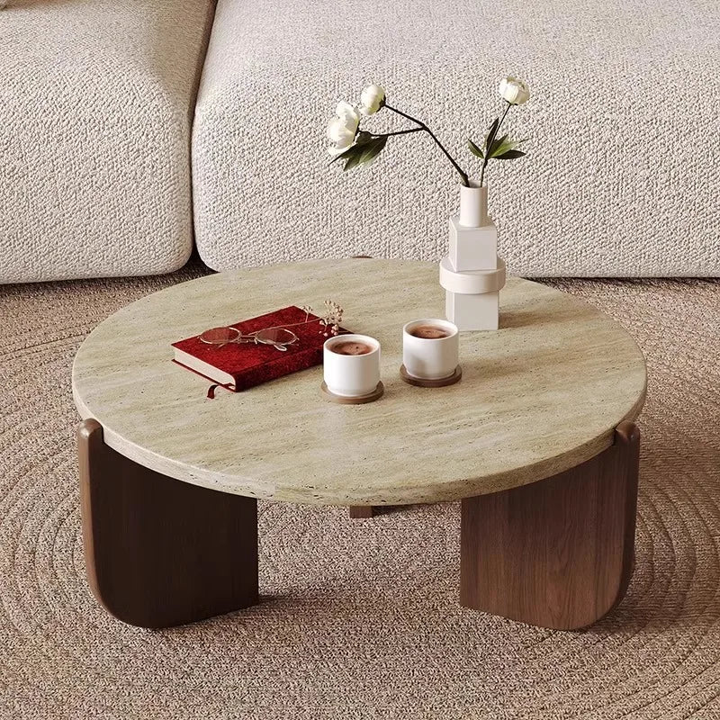 Wabi Sandy Wind Solid Wood Travertine Coffee Table Minimalist Small Tea Table Small Apartment Living Room Household Round Balcon