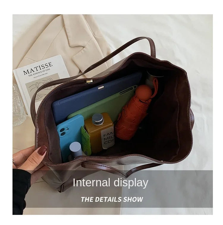 Women’s Fashion Tote Bag – Large Capacity Soft PU Leather Retro Shoulder & Crossbody Bucket Bag