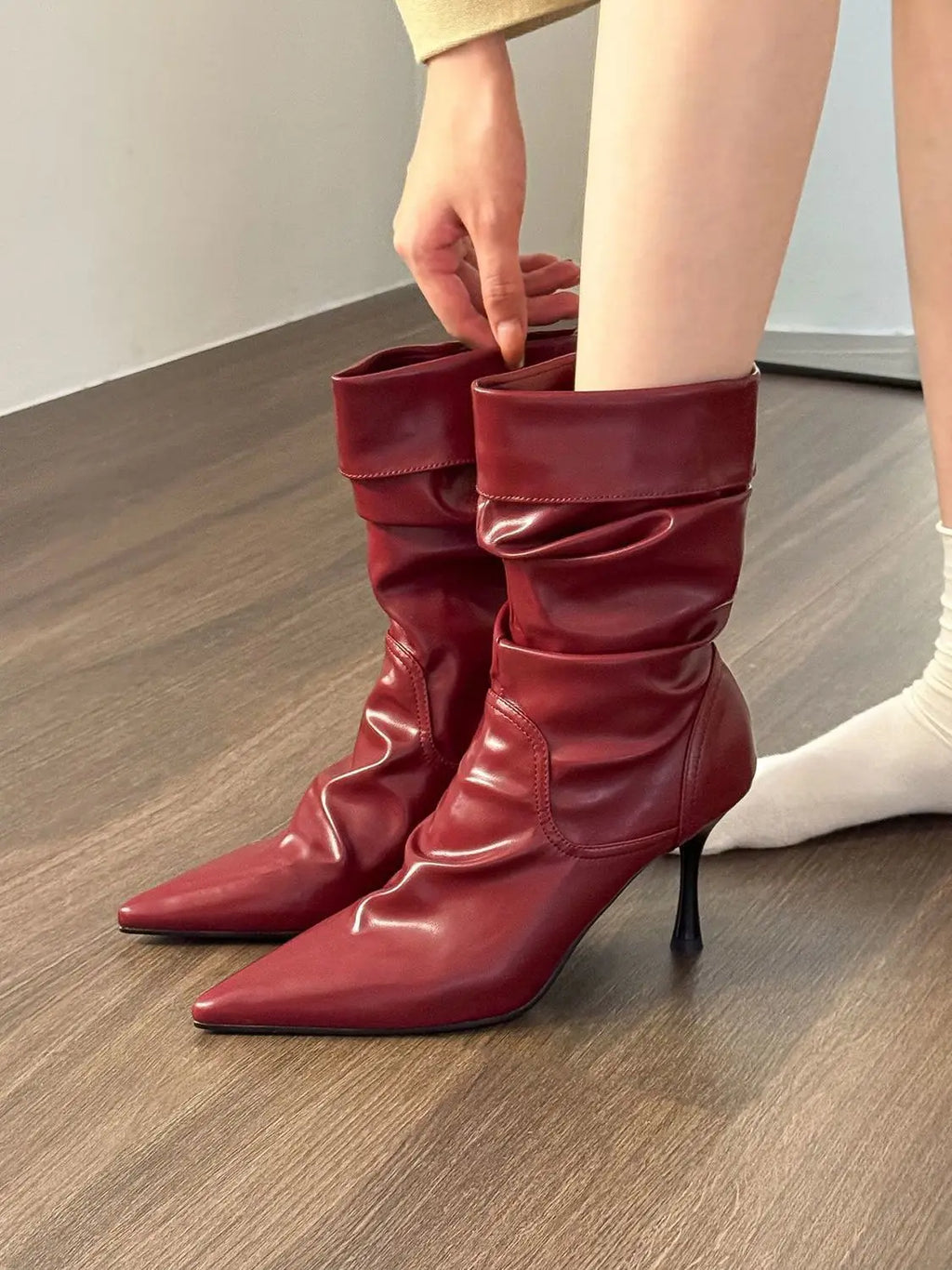 Elastic Short High Heel Boots Women's Autumn Winter Pointed Toe Slim Fit Pleated Booties Mid-Calf Faux Leather Rubber Sole