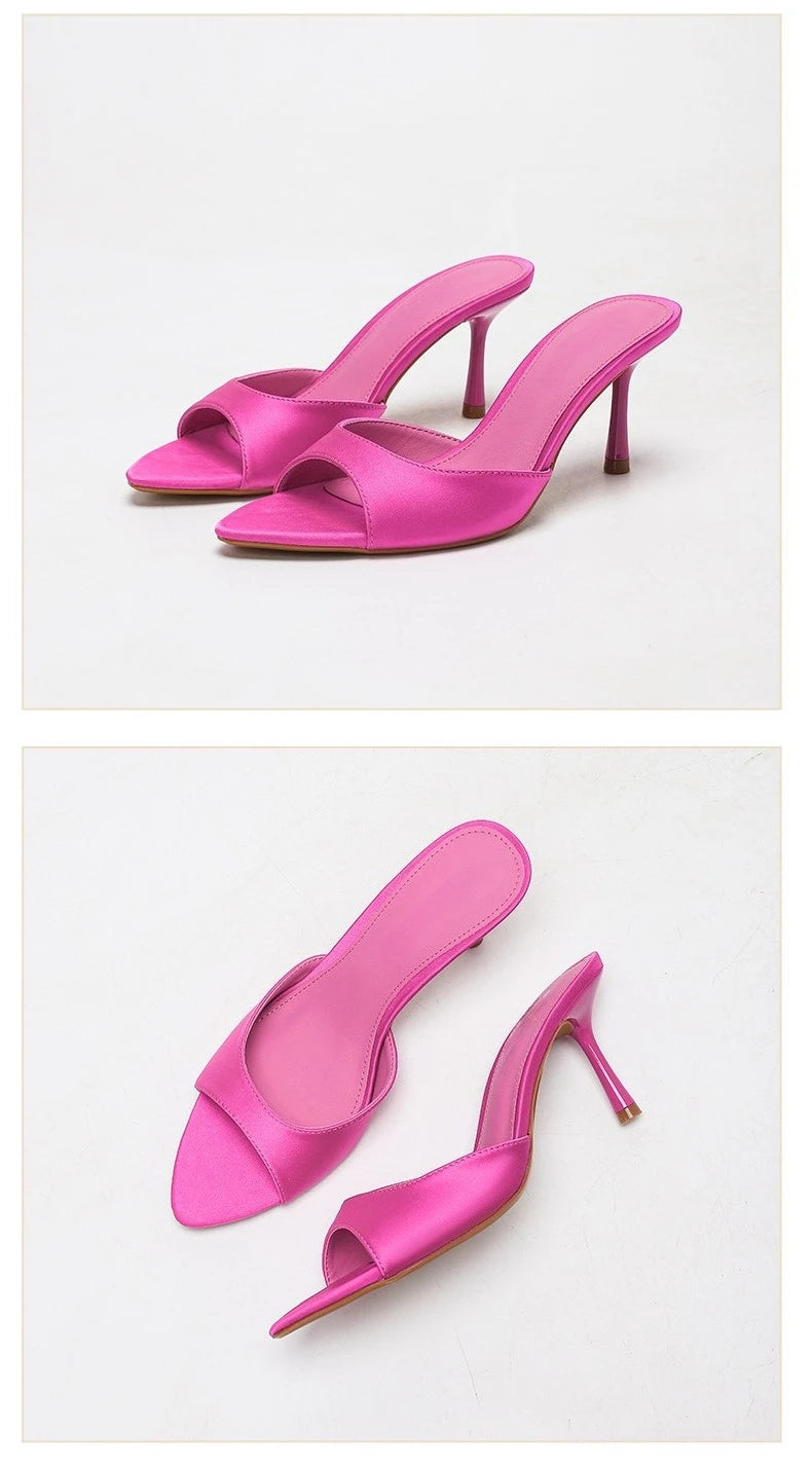 2026 New Arrival Women's Satin Mule Shoes High Heel Stiletto Slip On Sandals Fashion Elegant Party Wedding Shoes Champagne Beige