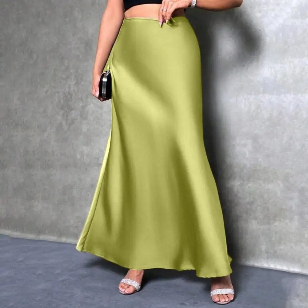 Women Fishtail Skirt Elegant High Waist Flattering Silhouette Satin Skirt Solid Color Smooth Surface A-Line Maxi Skirt