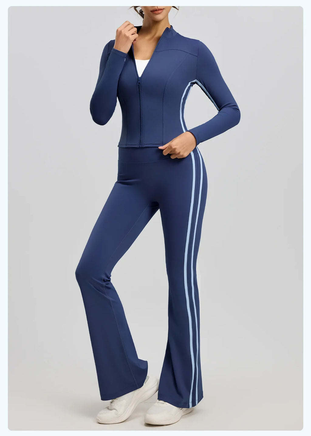 Striped 2pcs Yoga Gym Set Women Long Sleeve Zipper Sport Jacket Hip Lifting Leggings Fitness Running Tops Flare Pants Tracksuit