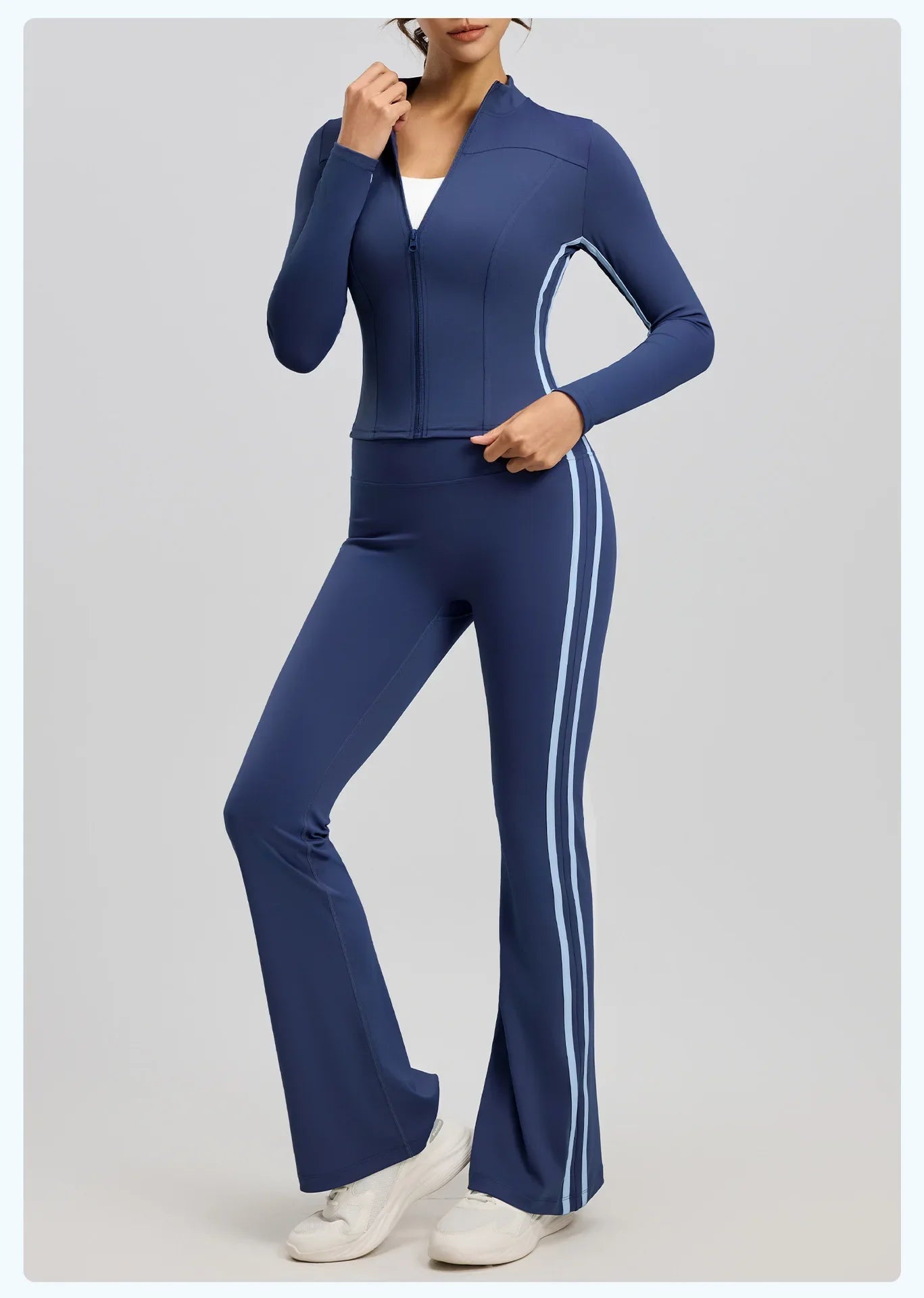 Striped 2pcs Yoga Gym Set Women Long Sleeve Zipper Sport Jacket Hip Lifting Leggings Fitness Running Tops Flare Pants Tracksuit