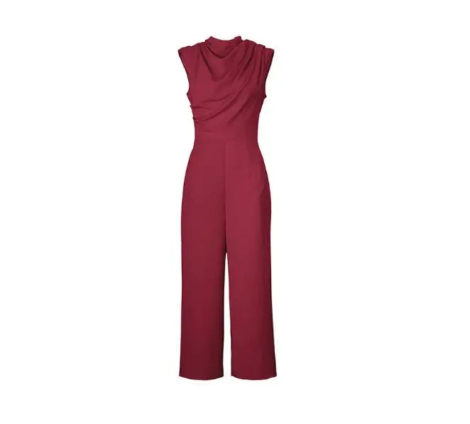 Jumpsuit Women 2026 Spring Summer New Solid Color High Collar Sleeveless Ruched Casual High Waist Wide Leg Jumpsuit