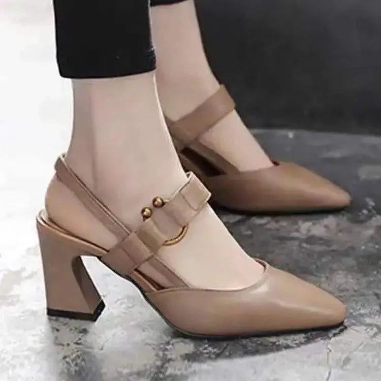 Summer New Women's Backheel Sandals, Square-toed Horseshoe Heel High Heel Fashionable Casual Leather Women's Shoes