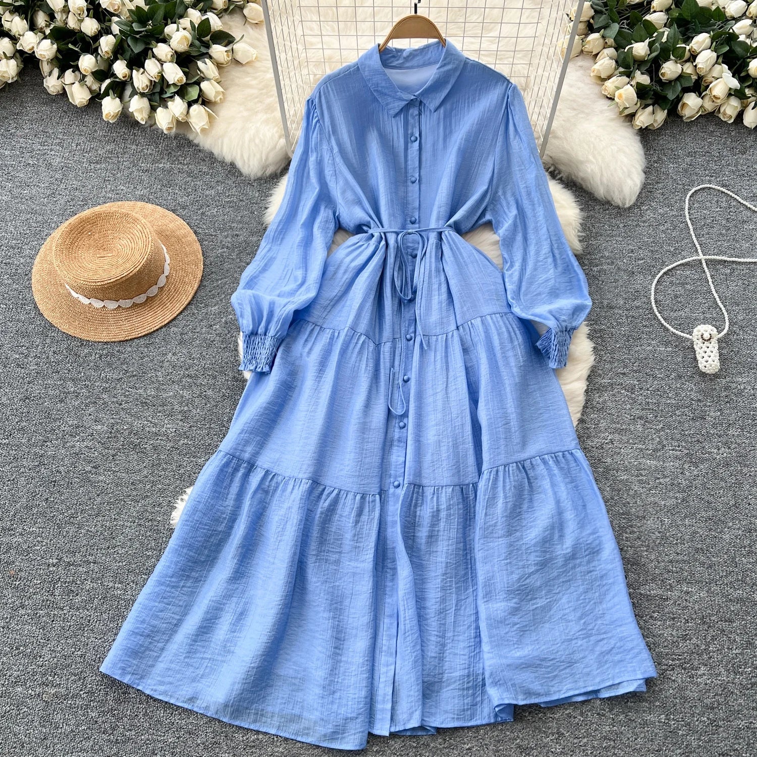 Chic Vintage Casual Long Sve irt Dr Women Loose Waist Cinched Faionable Long Skirt Korean Sle High Waist A-Line