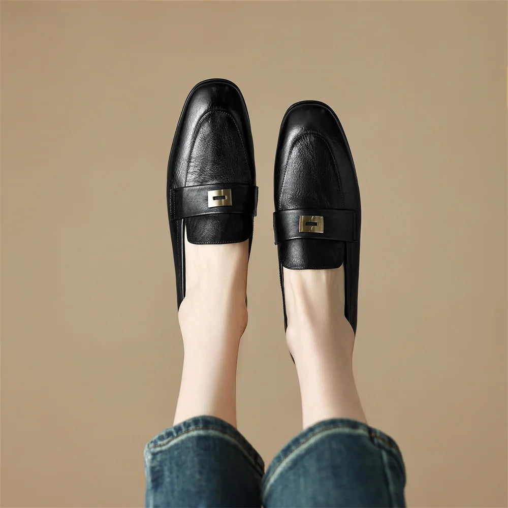 Danxuefei Women’s Leather Slip-On Loafers – Round Toe