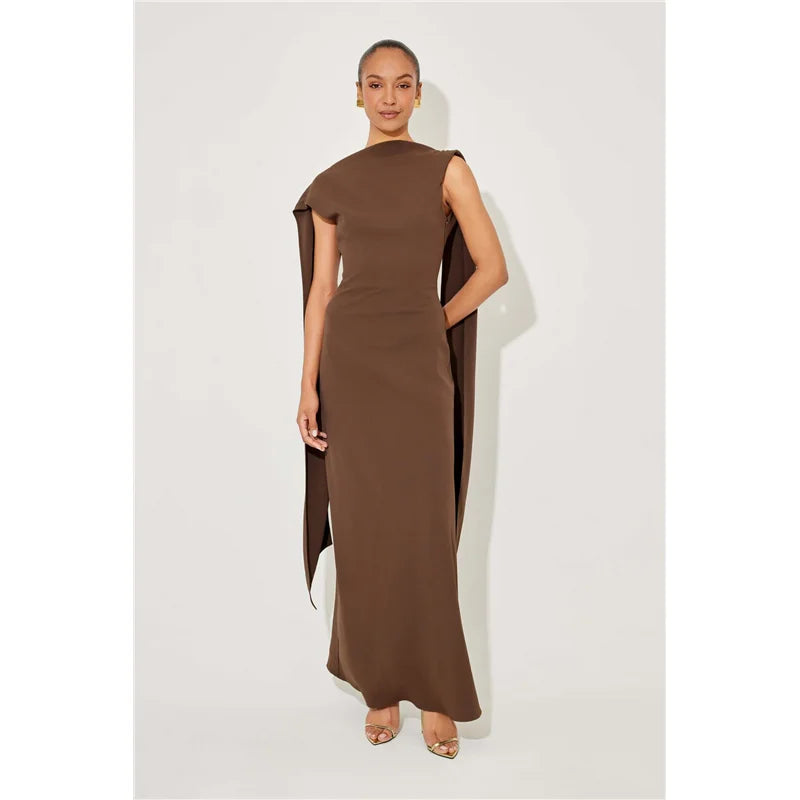 Elegant Long Dress Pure Color Asymmetrical Collar Shoulder Insert Sleeve Cross-Border Summer New Women's Fashion Dress