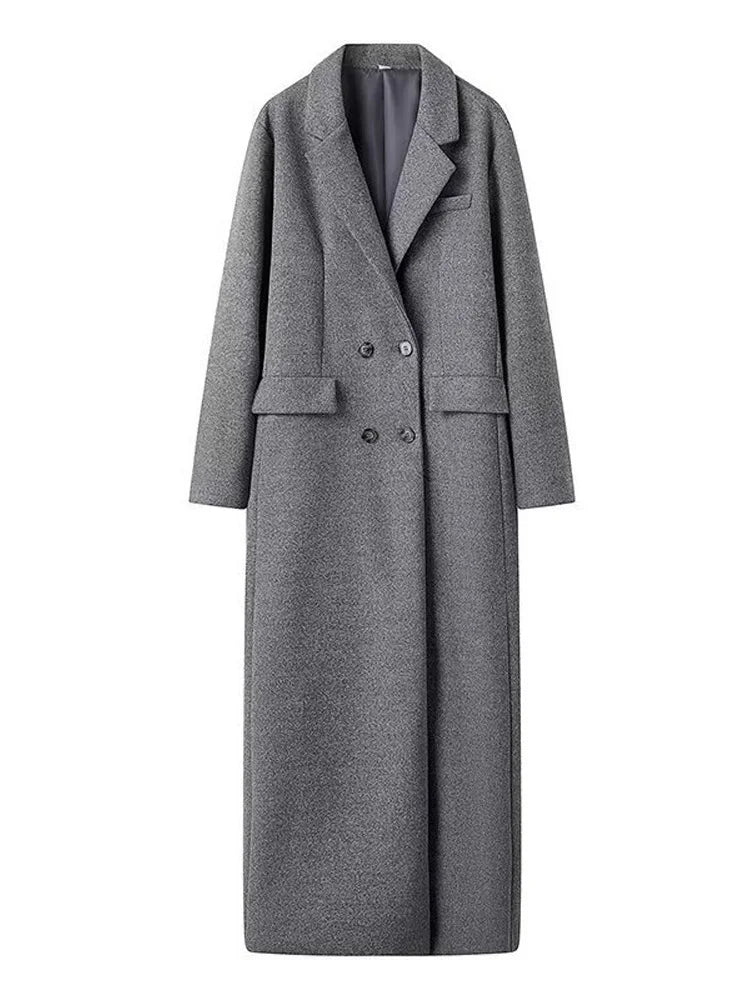 Vintage Women's Striped Woolen Overcoat Long Sleeve Fashion Lapel Oversized Coat 2025 Autumn Winter Commute Jacket for Ladies