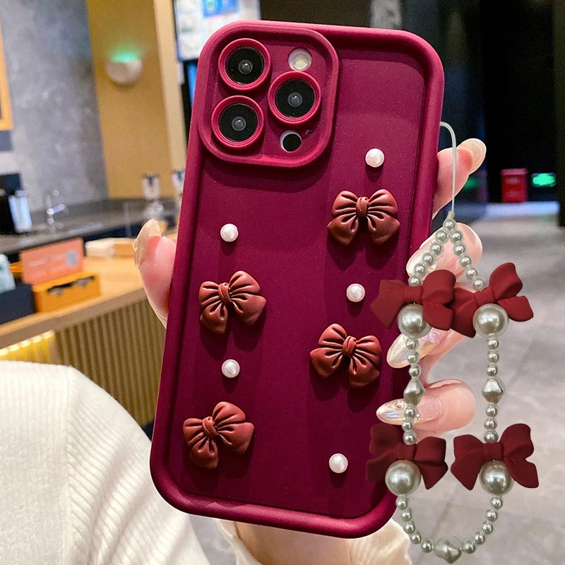 Pearl Bow Chain Phone Case For Redmi Note 14 13 12 11 10 9 8 Pro Plus 11s 13C 12C Women Silicone Back Cover