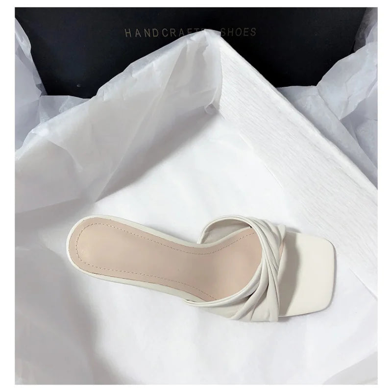 Fashion Summer Women Shoes New Handmade Square Open Toe High Heels Outdoor fashion Slippers Apricot Off white size 35-40