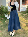 High Waist A- Line Midi Denim Skirt Women's Elastic Waist Design Sensation Slimming Long Skirt Summer Fashion Half-length Skirt
