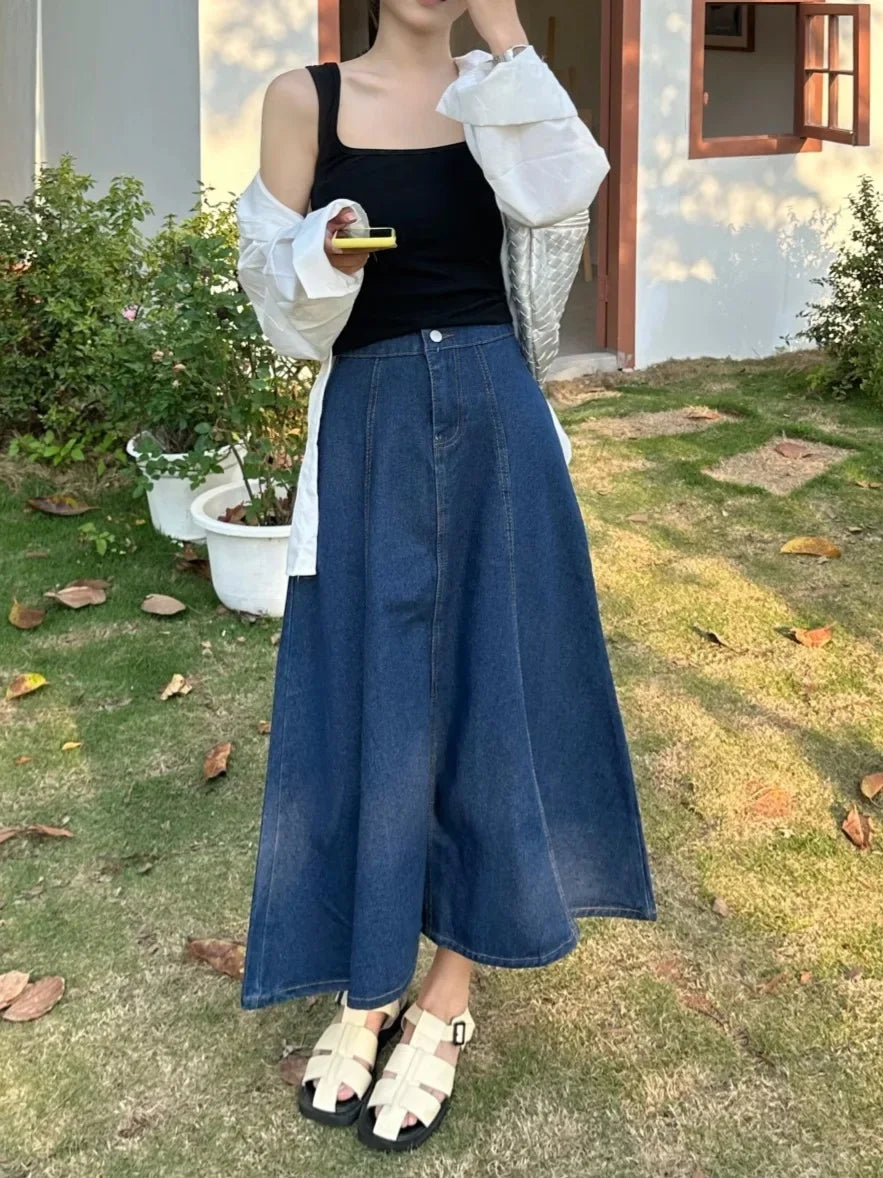 High Waist A- Line Midi Denim Skirt Women's Elastic Waist Design Sensation Slimming Long Skirt Summer Fashion Half-length Skirt