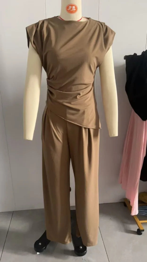 Women's OL Sets Two 2 Pcs Sale Casual O-Neck Sleeveless Irregular Shirt Tops& Pocket Wide Leg Loose Pant Suits OUCFS-W3038