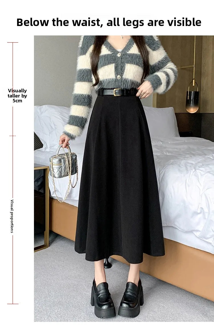 Elegant High Waist A-Line Midi Skirt Women's Fashion Slimming Skirts Autumn Winter New Style Loose Flared Mid-Length Skirts